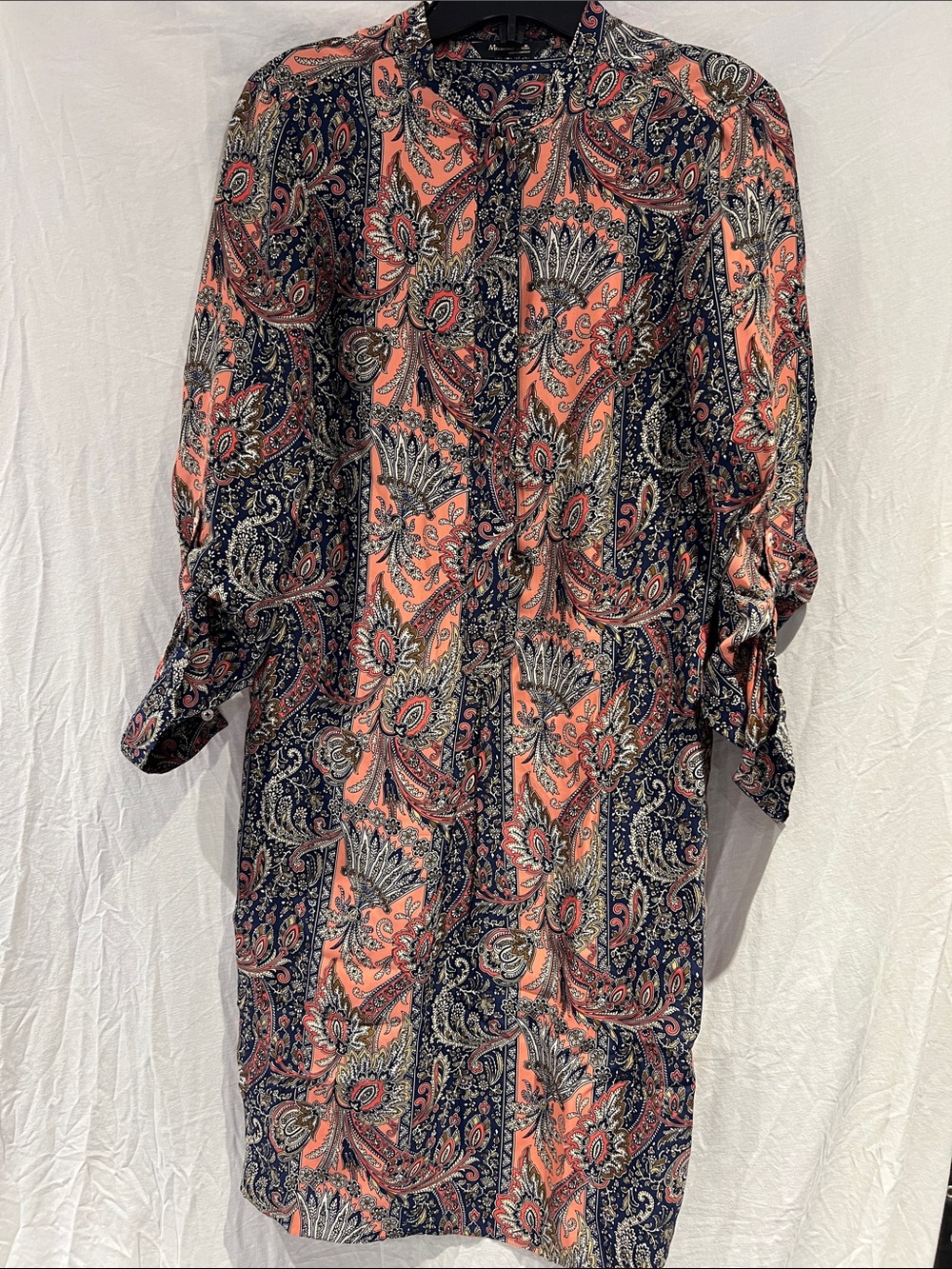 Massimo Dutti Coral and Navy Paisley Midi Shirt Dress